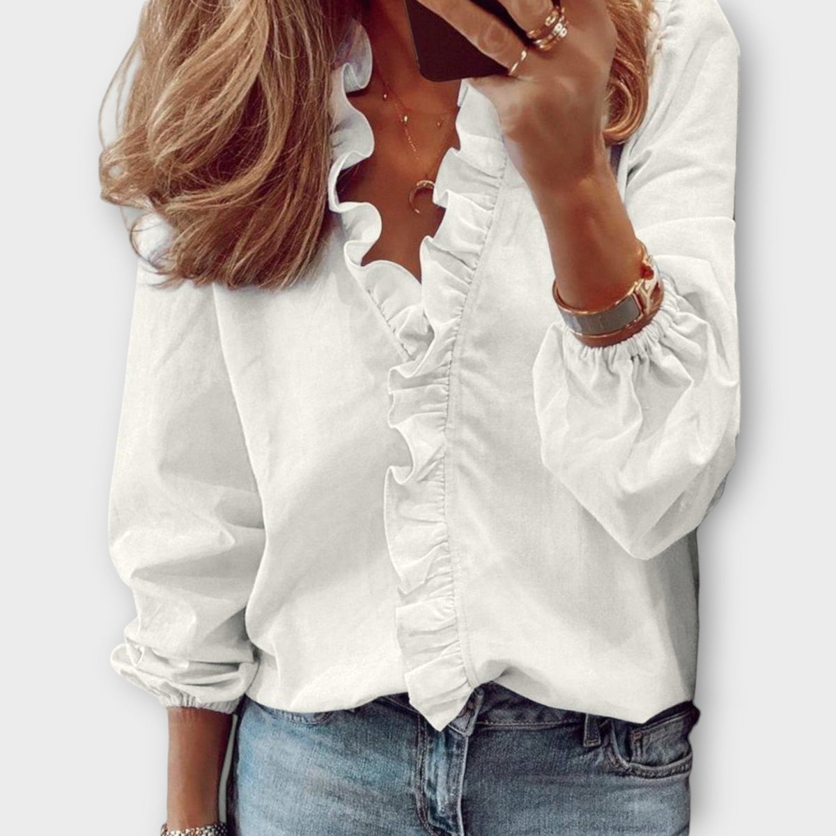 Feminine V Neck Ruffled Long Sleeve Women's Blouse - VibreMode