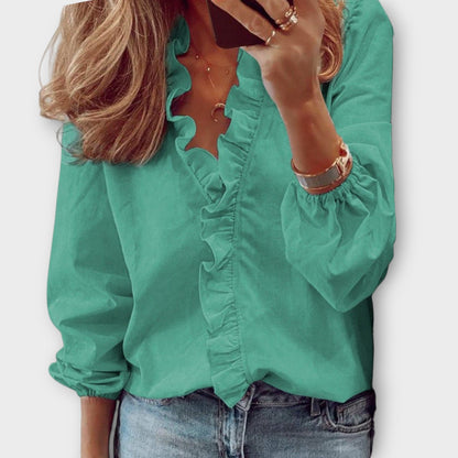 Feminine V Neck Ruffled Long Sleeve Women's Blouse