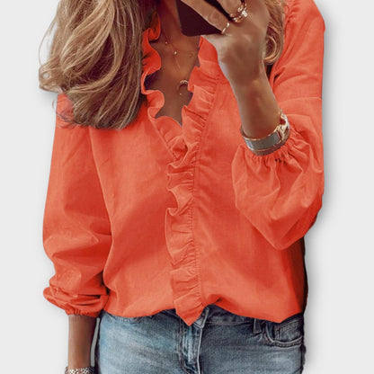 Feminine V Neck Ruffled Long Sleeve Women's Blouse