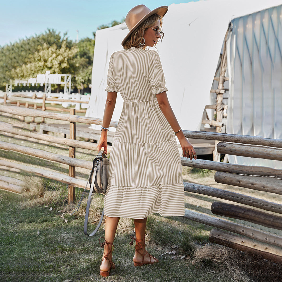 Women's Striped V-Neck Summer Dress Lantern Sleeves