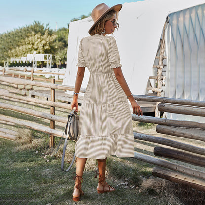 Women's Striped V-Neck Summer Dress Lantern Sleeves