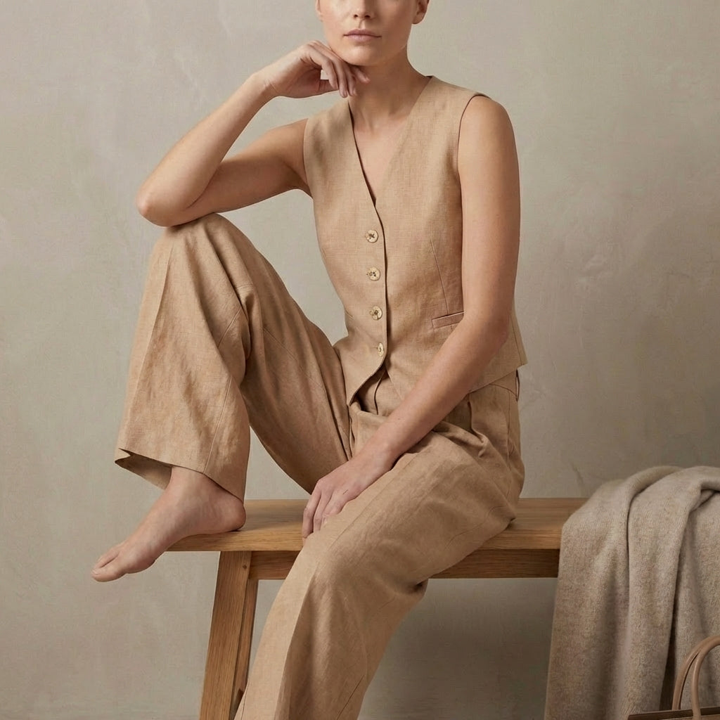 Linen Vest And Trousers Set Sleeveless High Waisted Pleated