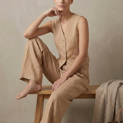 Linen Vest And Trousers Set Sleeveless High Waisted Pleated