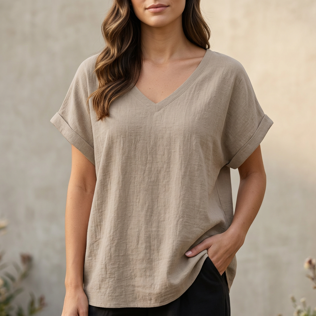 Women's V-Neck T-Shirt Relaxed Fit Asymmetrical Hem