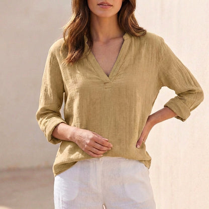 Women's Cotton Linen V-Neck Blouse Relaxed Fit