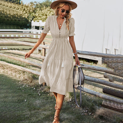 Women's Striped V-Neck Summer Dress Lantern Sleeves