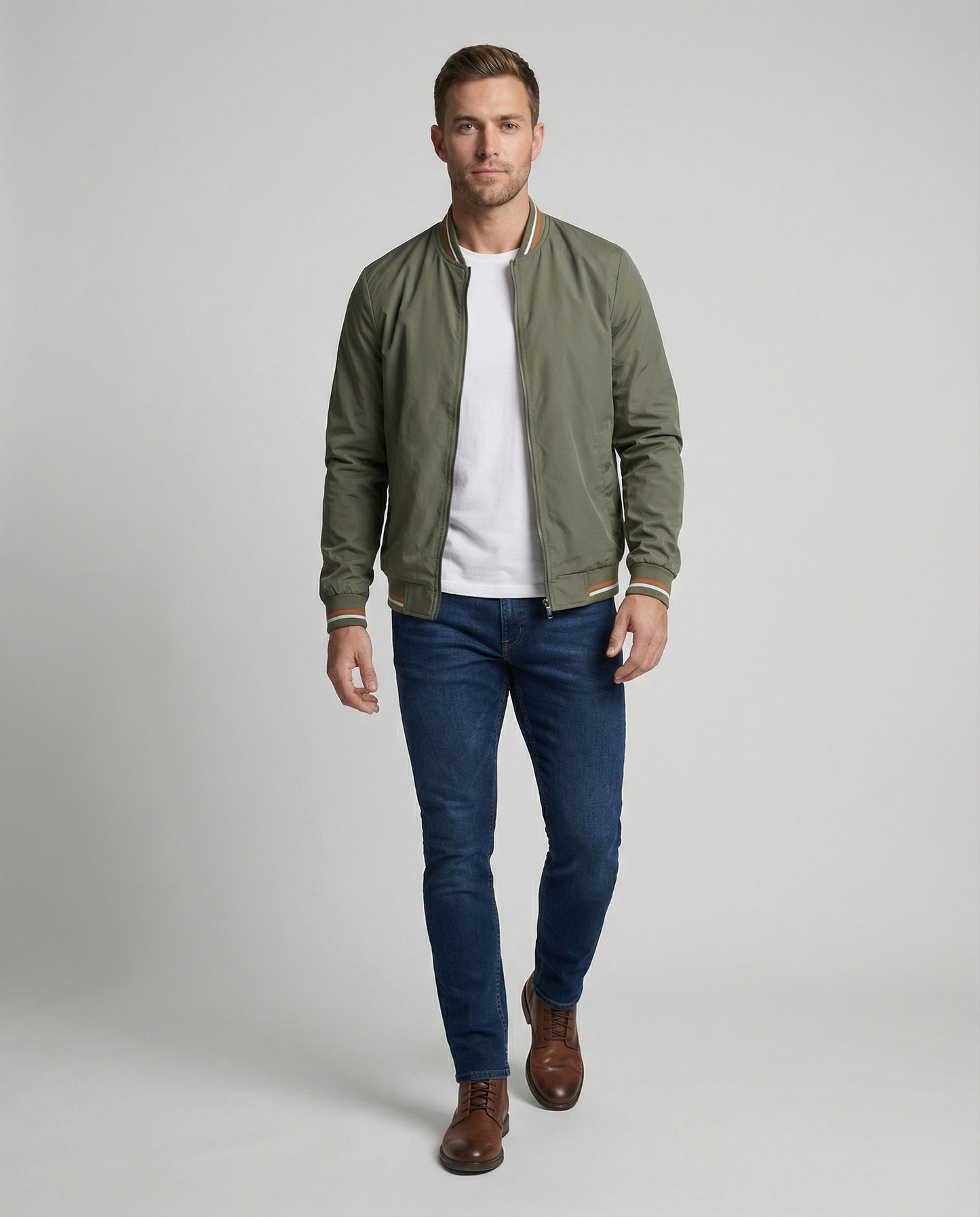Men's Bomber Jacket Zip-Up Ribbed Collar