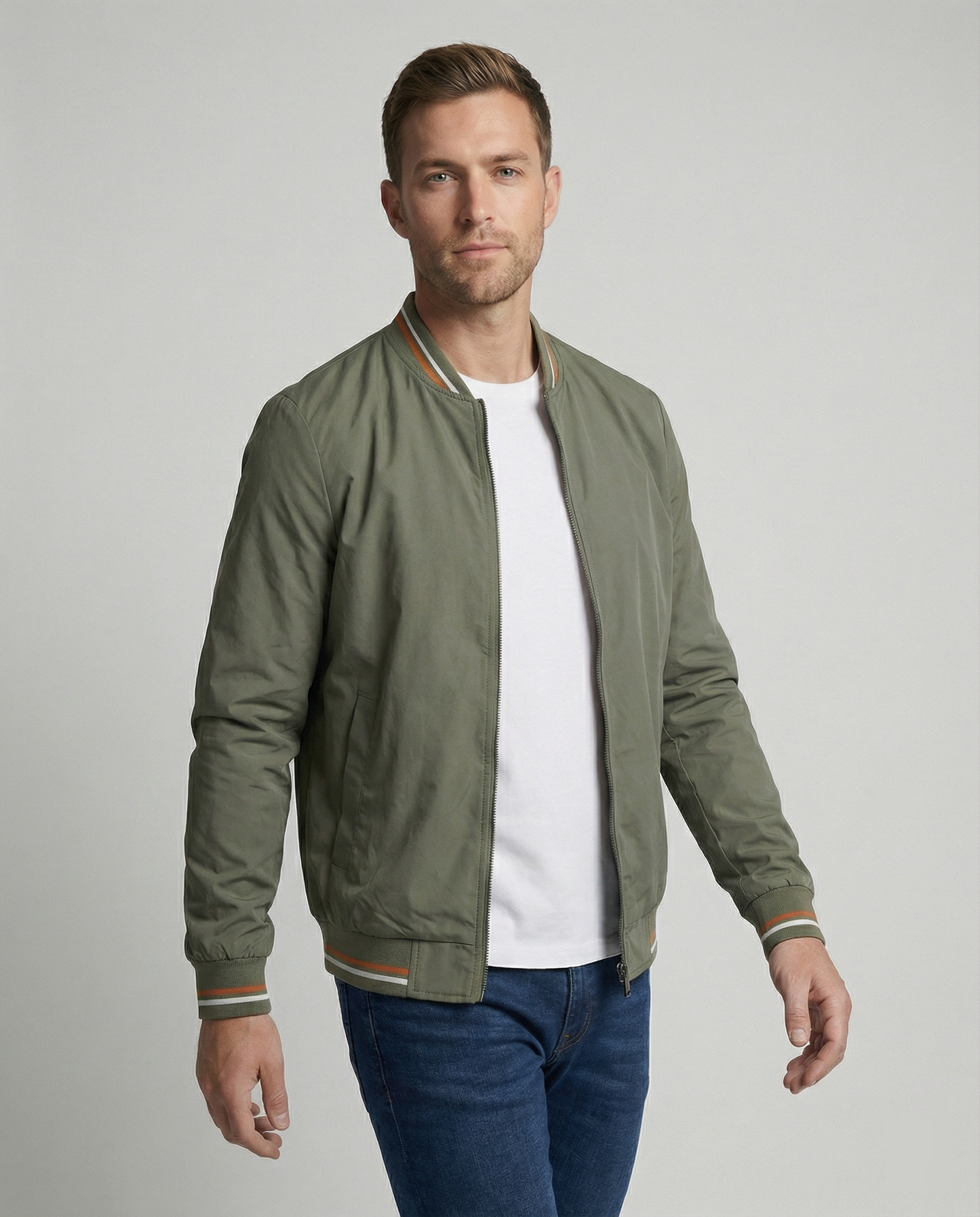 Men's Bomber Jacket Zip-Up Ribbed Collar