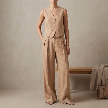 Linen Vest And Trousers Set Sleeveless High Waisted Pleated