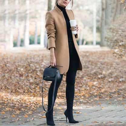 Women's Wool Trench Coat Long Stand Collar Warm Beige - VibreMode