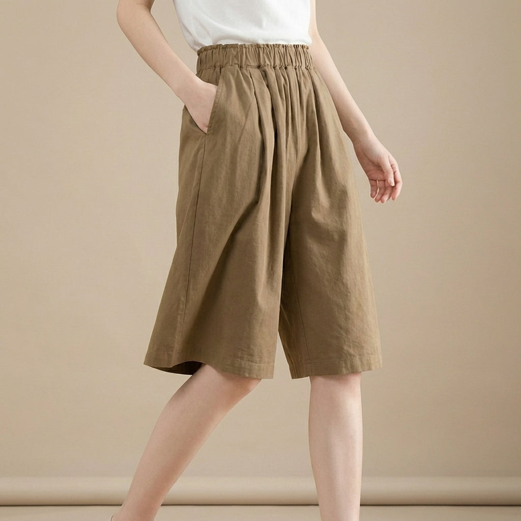 Women's Wide Leg Shorts Cotton Relaxed Fit Beige - VibreMode