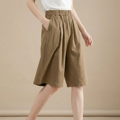 Women's Wide Leg Shorts Cotton Relaxed Fit Beige - VibreMode