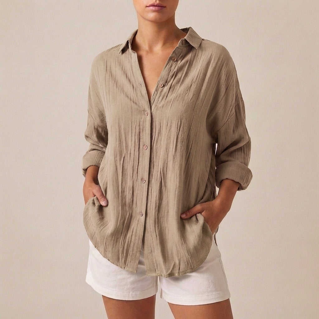 Linen Longline Shirt Relaxed Fit Button Up Pleated