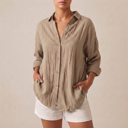 Linen Longline Shirt Relaxed Fit Button Up Pleated