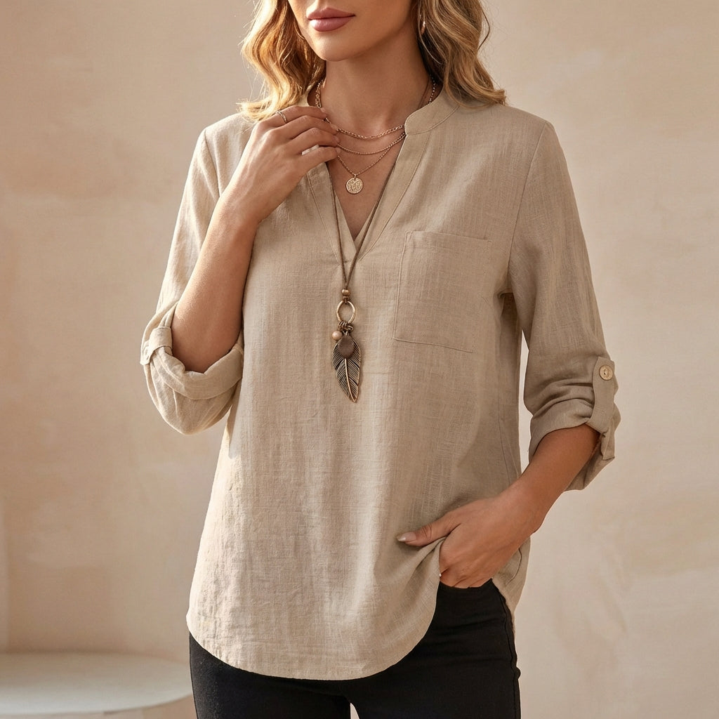 Women's Cotton Linen Tunic Blouse Relaxed Fit V-Neck