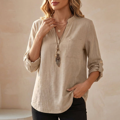 Women's Cotton Linen Tunic Blouse Relaxed Fit V-Neck