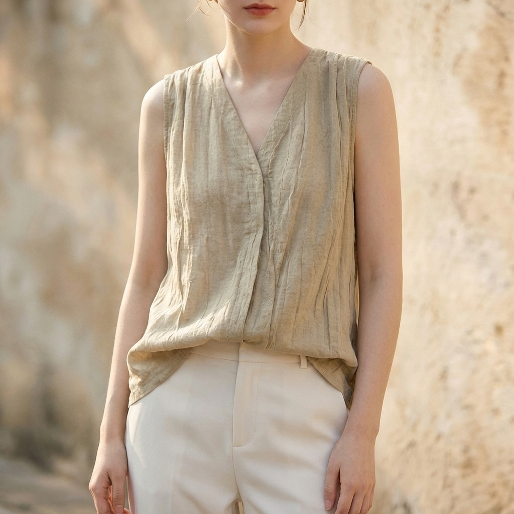 Women's V-Neck Sleeveless Pleated Crinkle Texture