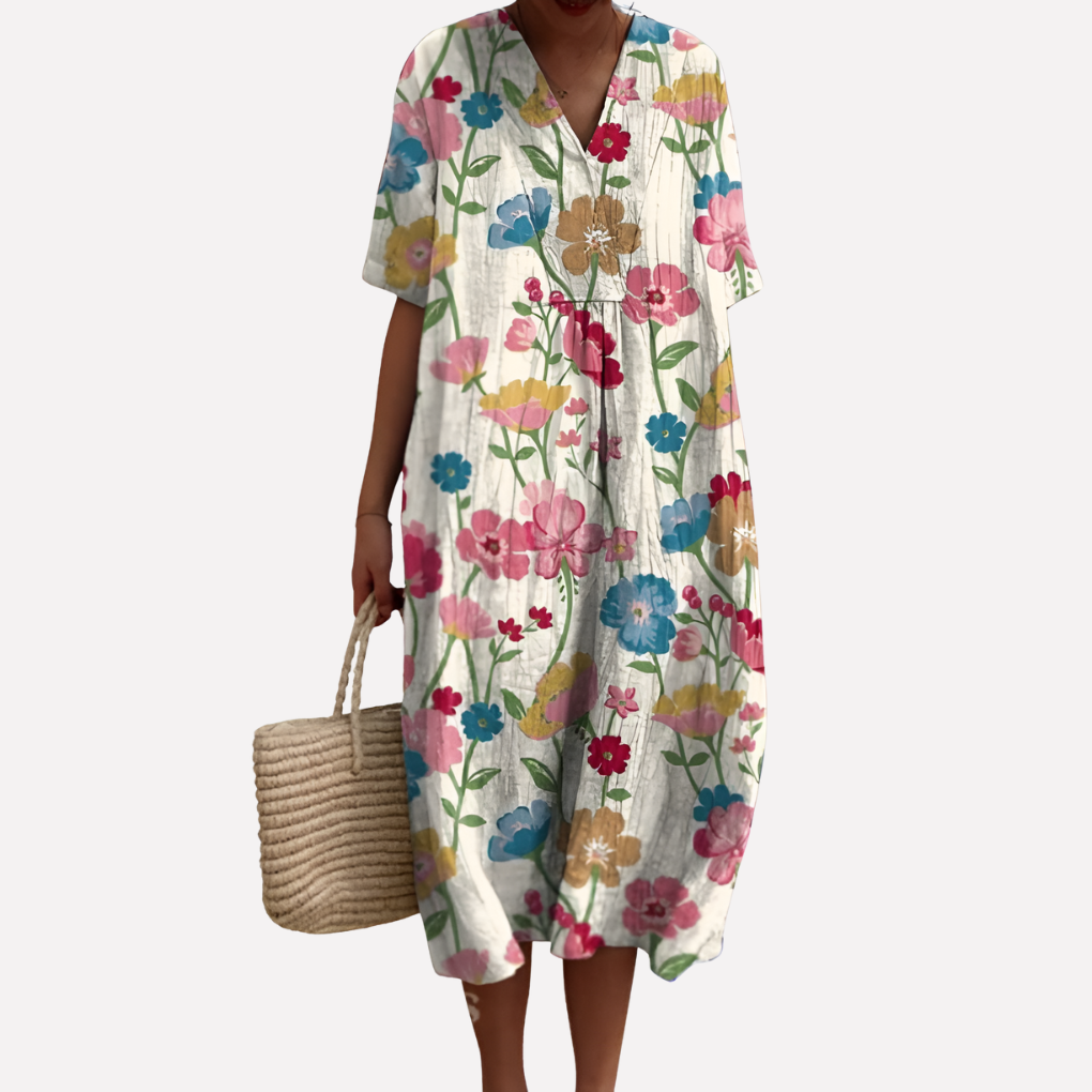 Women's Floral V-Neck Short Sleeve Summer Dress