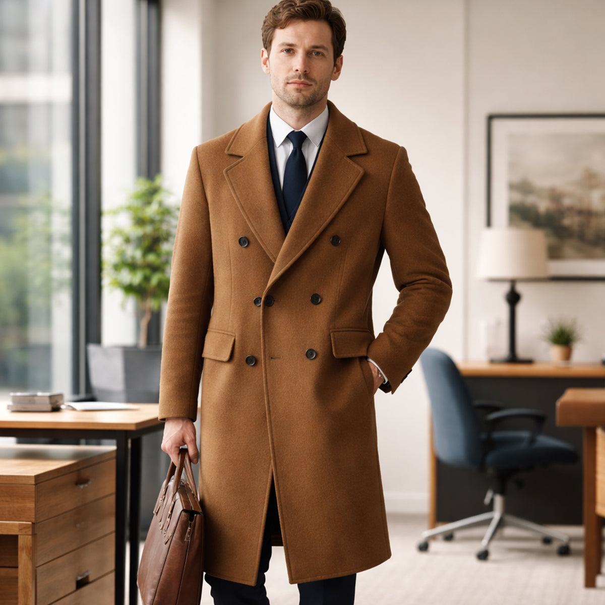 Men's Double Breasted Long Trench Coat