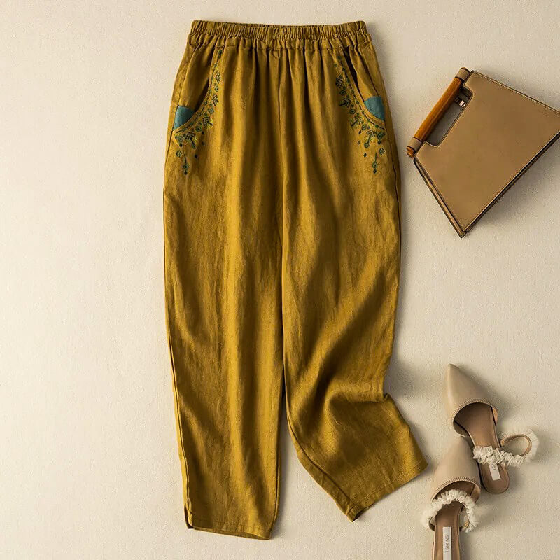 Linen Relaxed Fit Harem Pants Ankle Length Embroidered Pockets