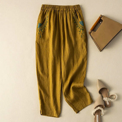 Linen Relaxed Fit Harem Pants Ankle Length Embroidered Pockets