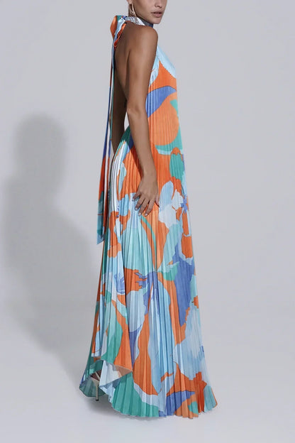 Elegant Ladies' Formal Pleated Halter Neck Maxi Dress