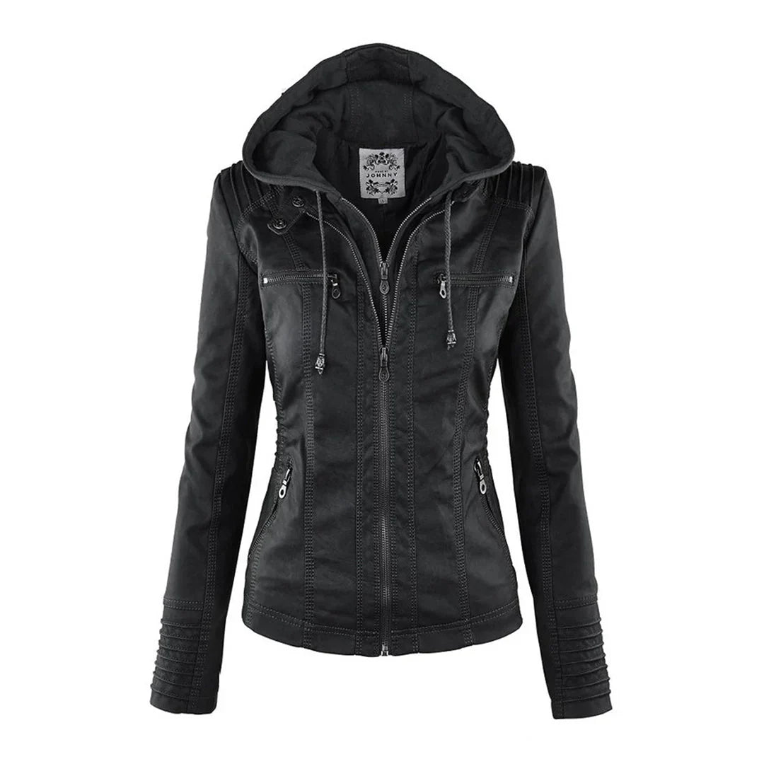 Women's Faux Leather Biker Jacket with Hood