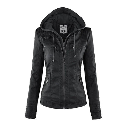 Women's Faux Leather Biker Jacket with Hood