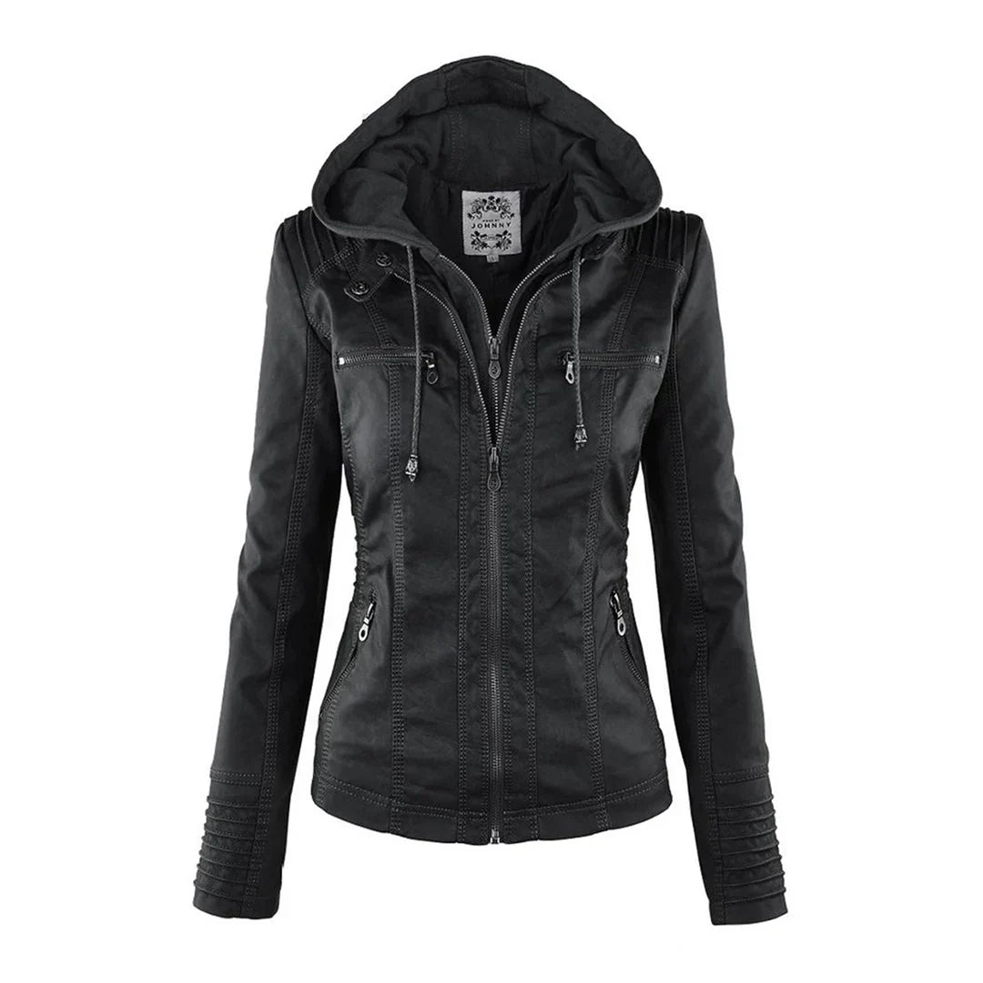 Faux Leather Biker Jacket With Hood