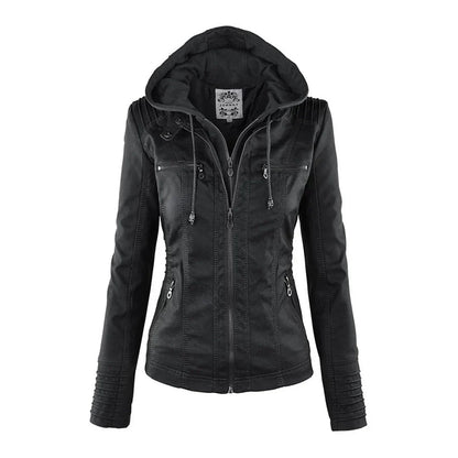 Faux Leather Biker Jacket With Hood