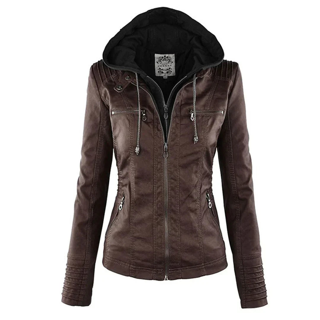 Faux Leather Biker Jacket With Hood - VibreMode