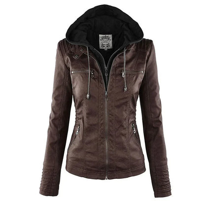 Faux Leather Biker Jacket With Hood - VibreMode
