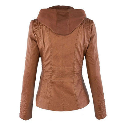 Faux Leather Biker Jacket With Hood