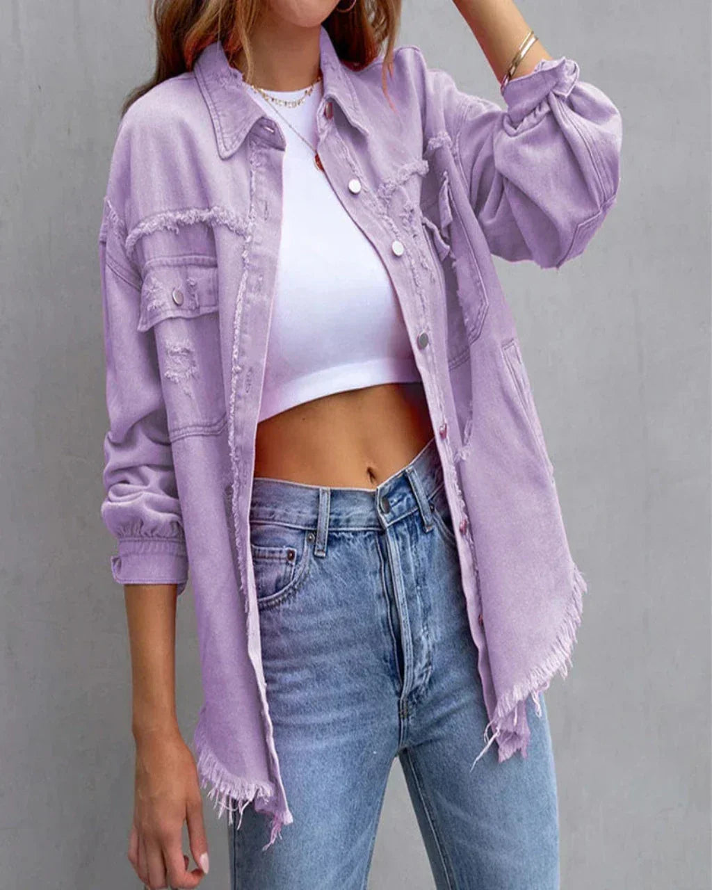Women's Distressed Denim Jacket Casual Blue