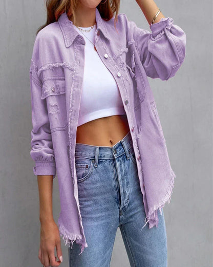 Women's Distressed Denim Jacket Casual Blue