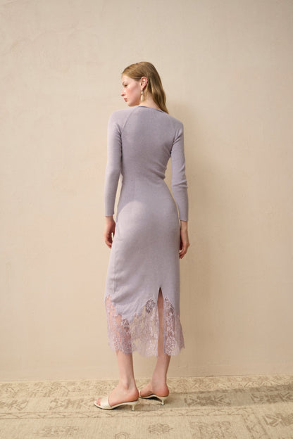 Cozy Sleeve Midi Dress with Crochet Trim