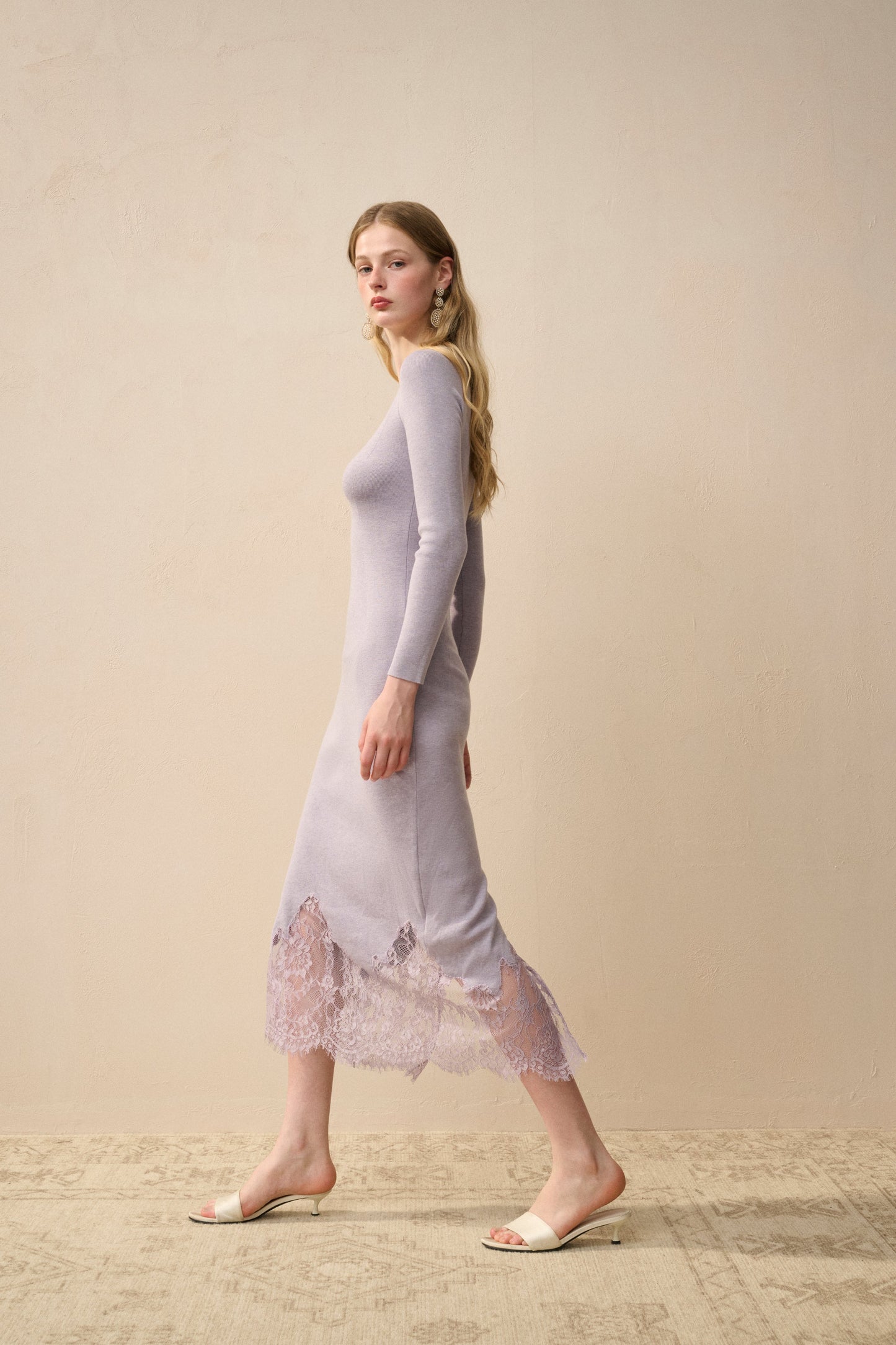 Cozy Sleeve Midi Dress with Crochet Trim