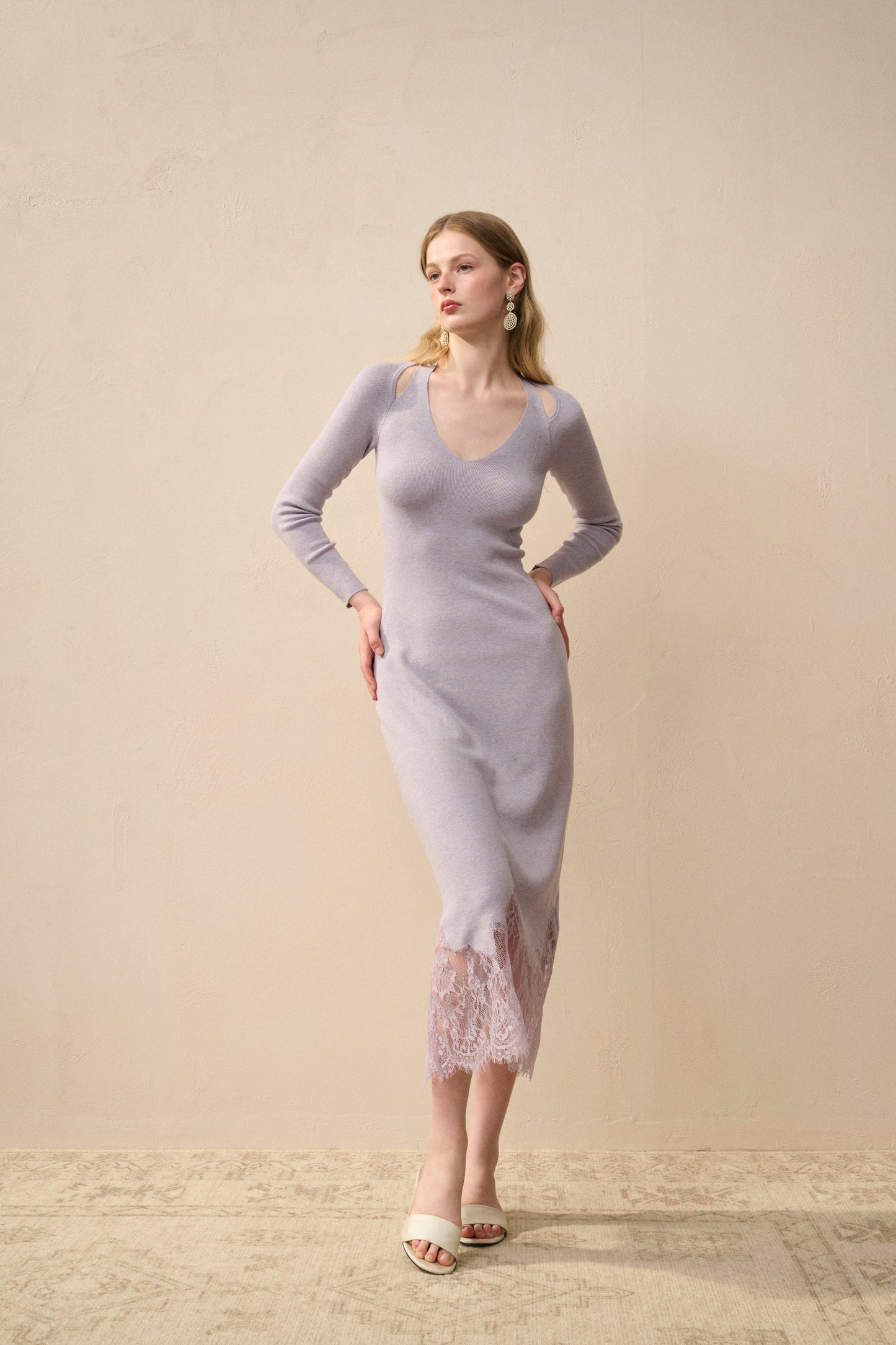 Cozy Sleeve Midi Dress with Crochet Trim