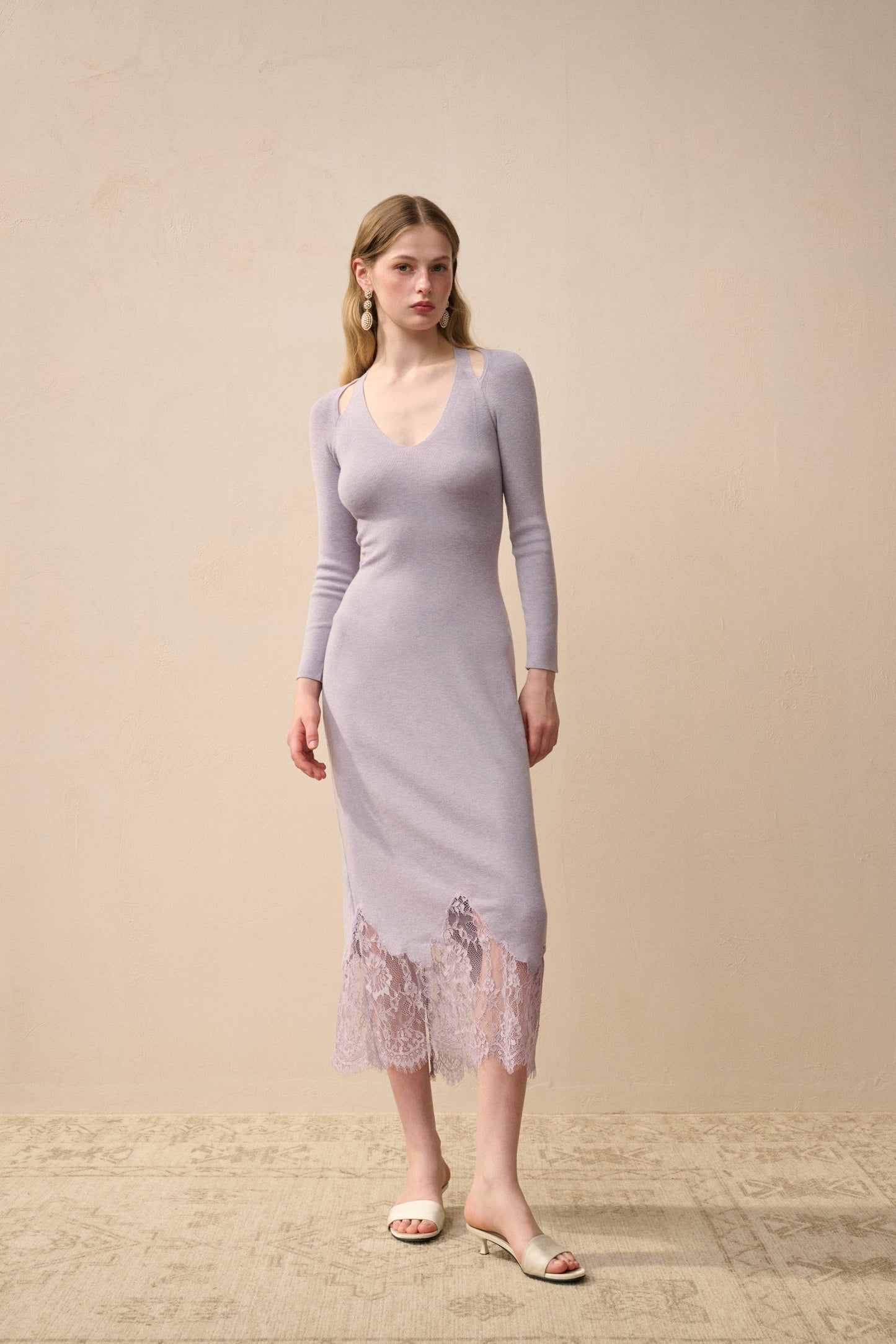 Cozy Sleeve Midi Dress with Crochet Trim
