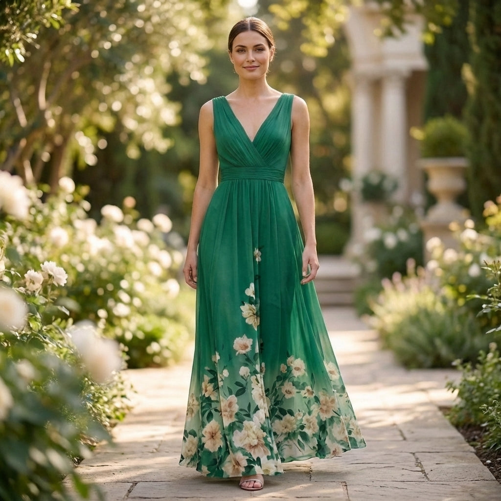 Women's Chiffon Maxi Dress V-Neck Floral