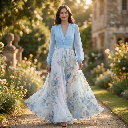 Women's Chiffon Maxi Dress Floral Belted Waist