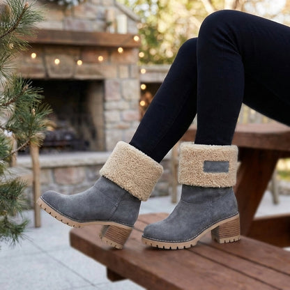 Women's Fur Lined Mid Calf Boots Lug Sole Block Heel