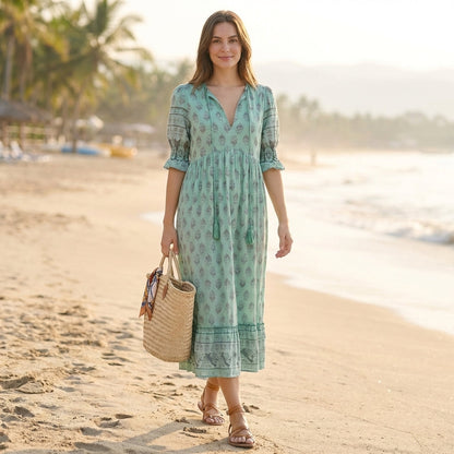Women's V-Neck Maxi Dress Lantern Sleeves Tiered Skirt