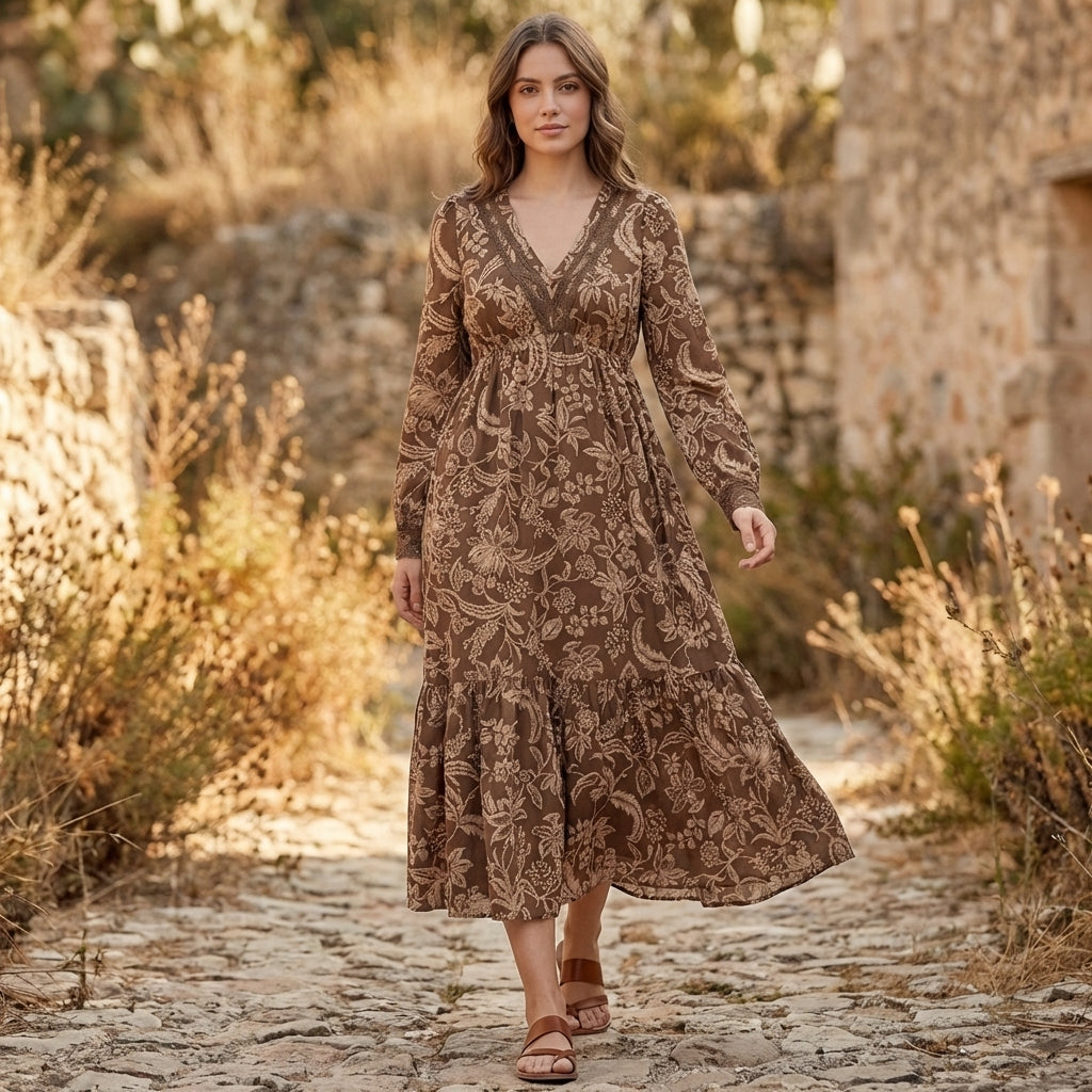 Women's V-Neck Maxi Dress Lace Tiered