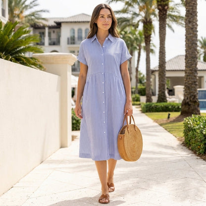 Women's Striped Midi Dress Cotton Gathered Waist Pockets