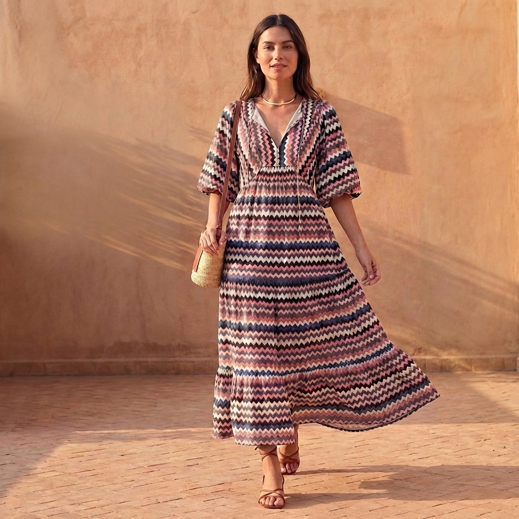 Women's V-Neck Midi Dress Puff Sleeves Tiered Skirt