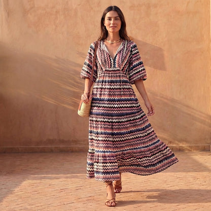 Women's V-Neck Midi Dress Puff Sleeves Tiered Skirt