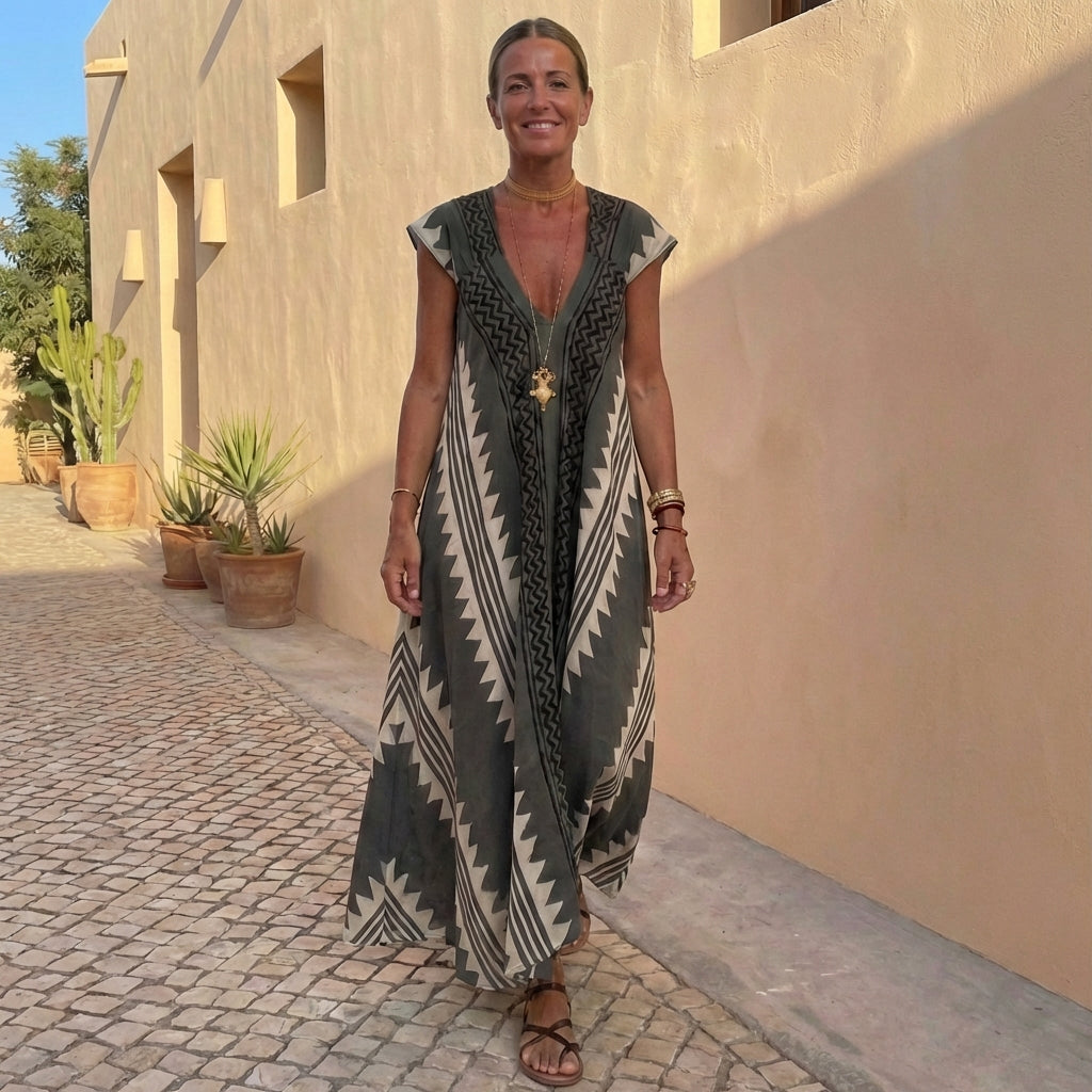 Bohemian A-Line Maxi Dress Deep V-Neck Geometric Print