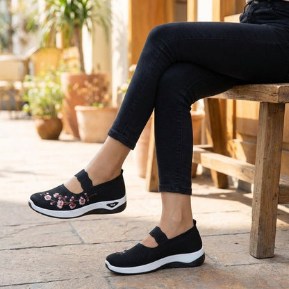 Women's Knit Mesh Mary Jane Flats Floral Embroidery