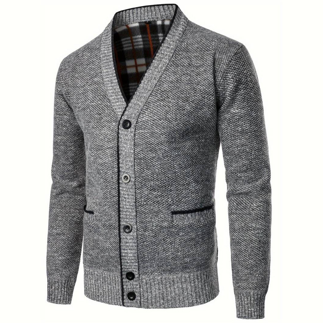 Men's V-Neck Cardigan Plaid Lining Side Pockets